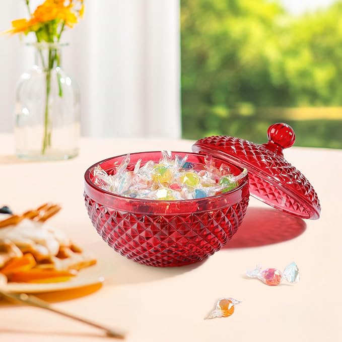 Joeyan 12 oz Small Red Glass Jewelry Box Jars with Lid,Embossed Glass Candy Dishes,Diamond Faceted Food Container,Decorative Apothecary Canisters,Colored Kitchen Bathroom Buffet Storage Organizer - Image 4