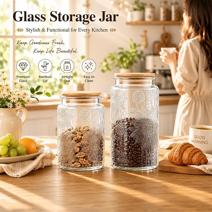 Vintage Glass Jars With Lids, 23.7oz Airtight Food Storage Containers,Kitchen Canisters For Sugar, Coffee, Tea, Spice, Flour, Candy Cookie, Pasta, Cereal, Cute Decorative Jars(Sunflower*1) - Image 6