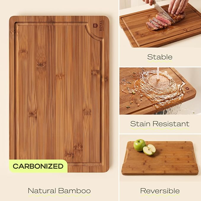 ROYAL CRAFT WOOD Wooden Cutting Boards for Kitchen Meal Prep & Serving - Bamboo Non Toxic Cutting Board Set with Deep Juice Groove Side Handles - Charcuterie & Chopping Butcher Block for Meat (2 Pcs) - Image 2