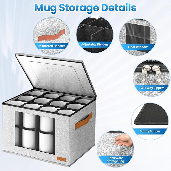 Foyego Cup and Mug Storage Box with 24 Dividers, Light Grey, 2-Layer | with Lid, Visible Window, Soft Handles, for Packing and Moving, Stackable Storage Containers for Coffee Mug Cups and Glasses - Image 3