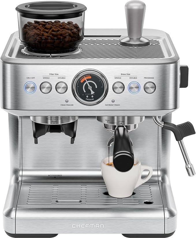 Chefman Crema Supreme 15 Bar Espresso Machine with Milk Frother, Barista Steam Wand, Professional Coffee Maker with Coffee Grinder, 30 Grind Settings, 3L Removable Water Tank - Stainless Steel by Chefman