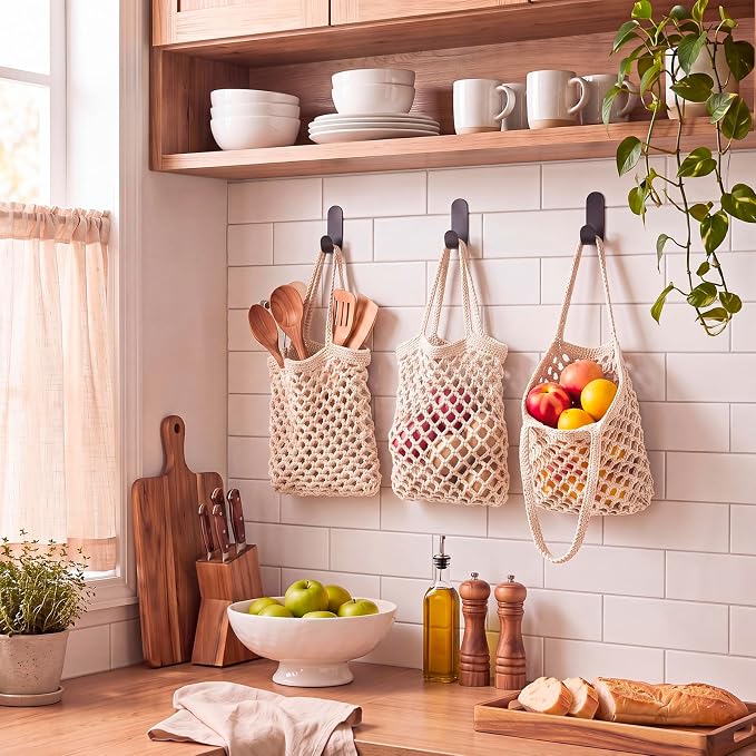 Honeydak Boho Decor Hanging Wall Baskets for Kitchen 3 Pack Teardrop Baskets with Hooks Storage Fruit Onion Vegetable Potato for Home(White,Mesh,Cotton Rope) - Image 6