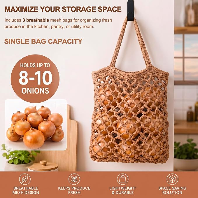 Honeydak Boho Decor Hanging Wall Baskets for Kitchen 3 Pack Teardrop Baskets with Hooks Storage Fruit Onion Vegetable Potato for Home(Dark Brown,Mesh,Cotton Rope) - Image 3
