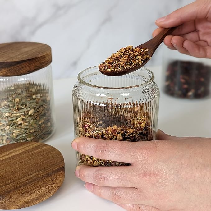 Mason & Fable Ribbed Glass Jar with Wooden Lid 17oz, Set of 3 | Airtight Fluted Storage Canisters for Food, Tea, Coffee, Candy/Spice | Organization Canisters for Home & Kitchen - Image 5