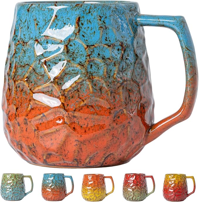 18oz Unique Blue & Orange Kiln-Change Ceramic Coffee Mug, Handcrafted Hammered Texture Ceramic Mug with Ergonomic Handle, Microwave & Dishwasher Safe, Gift for Coffee Lovers, Home Office Daily Use by XIYUANJI