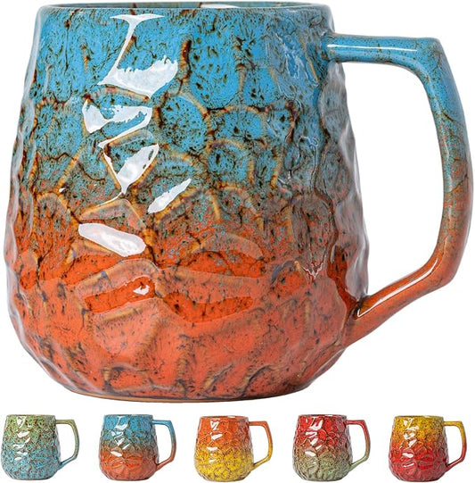 18oz Unique Blue & Orange Kiln-Change Ceramic Coffee Mug, Handcrafted Hammered Texture Ceramic Mug with Ergonomic Handle, Microwave & Dishwasher Safe, Gift for Coffee Lovers, Home Office Daily Use by XIYUANJI