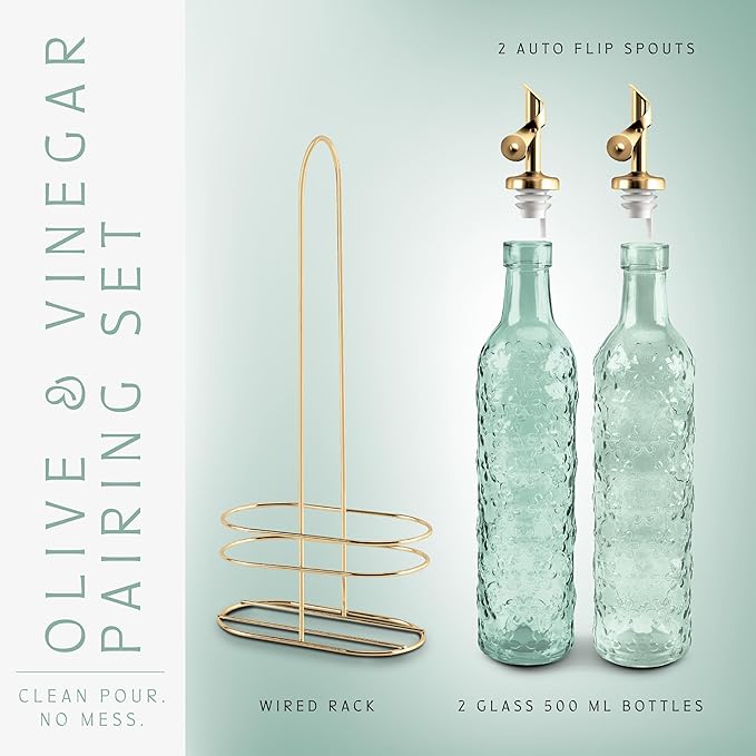 COOK WITH COLOR Glass Olive Oil Bottle Dispenser - 2 Pack- 17oz Oil and Vinegar Cruet - Olive Oil Carafe Decanter for Kitchen, Floral, Green - Image 3
