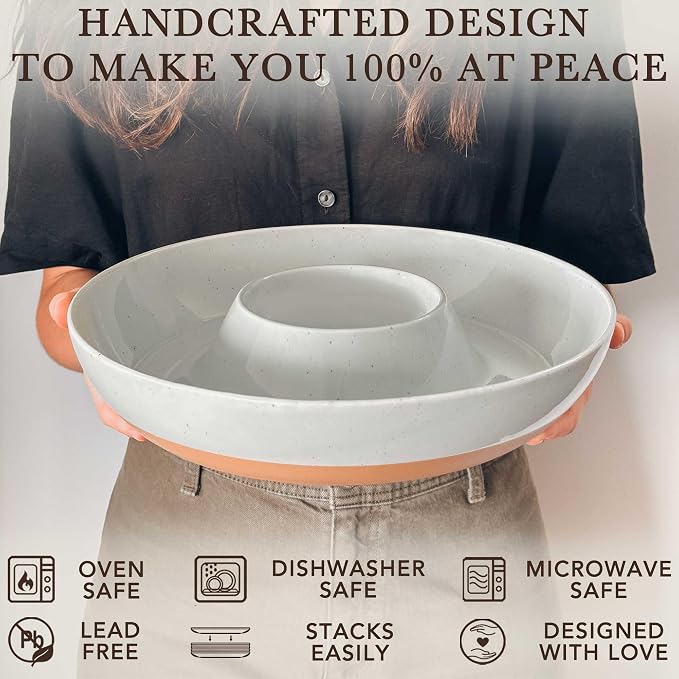 Mora Ceramic Chips and Dip Serving Tray: Large Divided Party Bowl Set for Chips & Salsa, Veggies & Dip, Fruit, Snacks, Entertaining, Hosting, etc. Minimalist Design for the Modern Hostess - Earl Grey - Image 4
