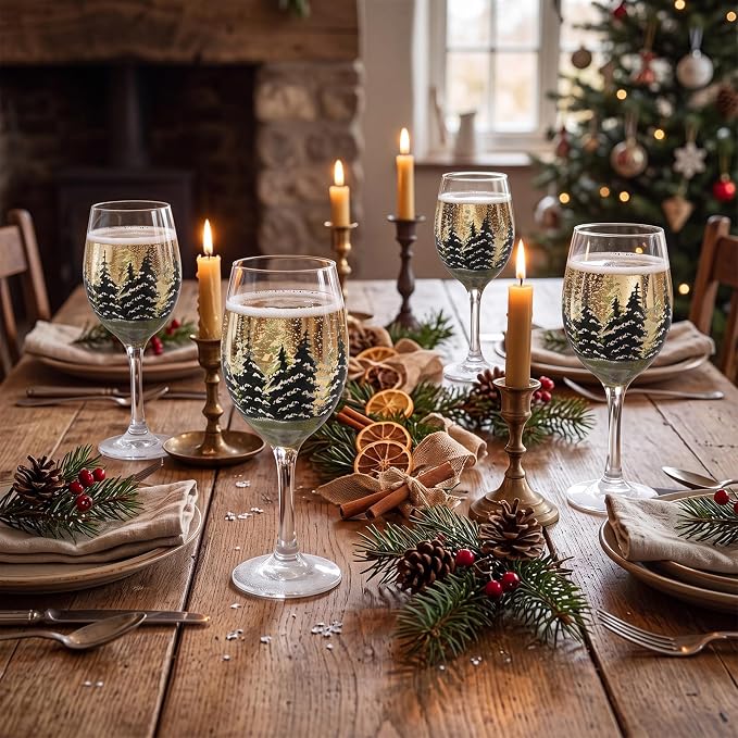 Yungyan Christmas Wine Glasses Set of 4, 15 oz Stemmed Goblets Hand Painted Pine Tree Design, Clear Vintage Holiday Glassware for Winter Dinner Party, Festive Table Decor, Christmas Gifting Home Decor - Image 3