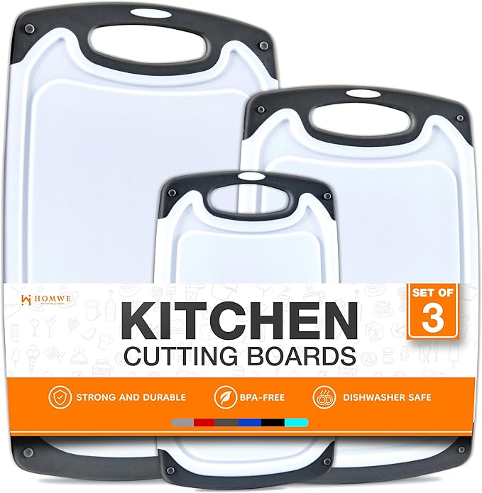 Cutting Boards for Kitchen - BPA-Free Chopping Board - Different Sizes & Non Slip Handles - Reversible, Large Cutting Board Set - Unique Gifts for Cooks Who Have Everything - 3-Pack Gray by HOMWE