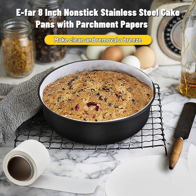 E-far 8 Inch Cake Pans Set of 2, Nonstick Stainless Steel Small Round Baking Pans with Parchment Paper & Side Liner Roll, Stainless Steel Core & Non-toxic Coating, Straight Side & 2 Inch Deep - Image 6
