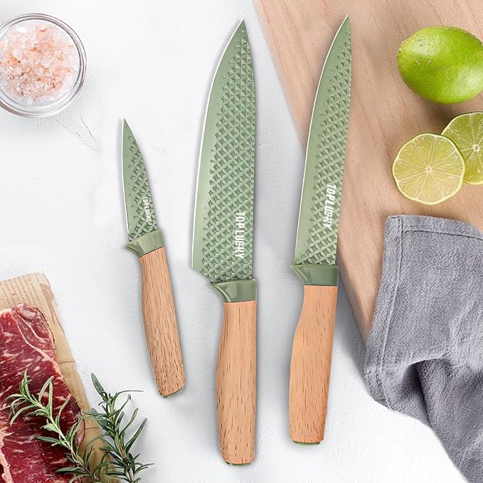 Kitchen Knife Set, Retrosohoo 6-Pieces Green Sharp Knife Set for Kitchen, Non-stick Non-slip Stainless Steel Chef Knife Set with Universal Knife Block Suitable for Home Restaurant (Green) - Image 7