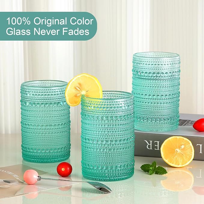 ZMOWIPDL Drinking Glasses Set of 6,15 oz Lake Blue Hobnail Glass Cups | Vintage Glassware，Embossed Water Tumbler,for Beer,Cocktail,Whiskey,Juice and Various Mixed Drinks- 1 Cleaning Brush - Image 3
