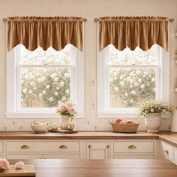 Velvet Window Valance 52x18 Inch 4-Panel Set | Soft Wavy Gold Brown Kitchen Curtains for Windows, Luxury Fabric Aesthetic Window Treatment for Bay Window, Living Room by StangH