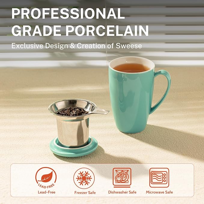 Sweese 15oz Porcelain Tea Mug with Infuser and Lid – Microwave Safe, Ergonomic Handle, Lead-Free Glaze, for Loose Leaf Tea Mint Green; - Image 3