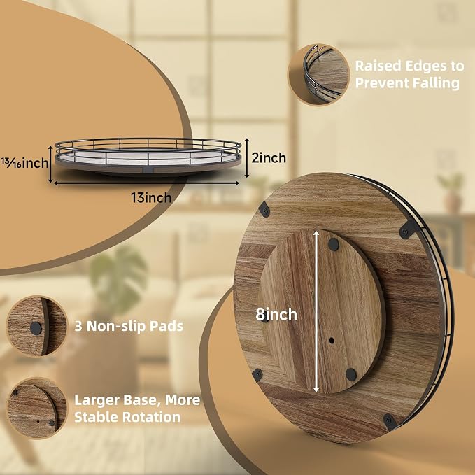 Acacia Wood 13" Lazy Susan Turntable Organizer for Table Top, Farmhouse Round Wooden Lazy Susan for Cabinet Kitchen Centerpieces Coffee Table, for Condiments Spices, Bathroom Vanity Tray Decor - Image 2