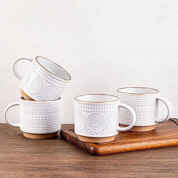 GBhome 12OZ Stackable Coffee Mugs, Ceramic Coffee Mugs with Texture Patterns for Man,Woman,Dad,Mom, Modern Coffee Mugs Set of 4 for Latte/Cappuccino/Cocoa. Dishwasher&Microwave Safe by GBhome