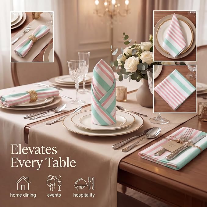 Urban Villa Cloth Napkins Cotton 20x20 (Set of 12) Ruby Green Stripes - Image 2