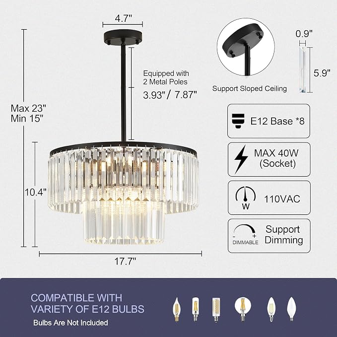 17.7" Black Semi Flush Mount 2-Tier Crystal Ceiling Light Fixtures for Dining Room Modern Luxury 8-Light Chandeliers Lighting for Bedroom Entryway Hallway Kitchen Island Living Room Foyer - Image 2