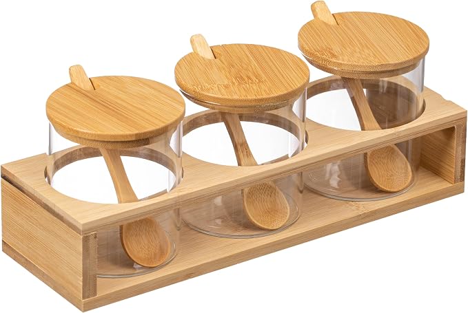 Basicwise 3-Piece Glass Containers with Bamboo Lids and Tray Holder – Decorative Storage for Condiment Pots and Spice Jars - Coffee Station Accessories, Perfect Organizer for Home Kitchen or Café - Image 7