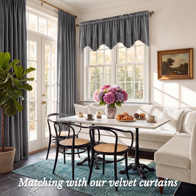 Grey Scalloped Valance for Windows 52x18 Inch 1 Panel | Luxury Velvet Kitchen Curtains for Small Window, Wavy Hem Window Treatment for Bathroom，Basement, Rod Pocket - Image 2