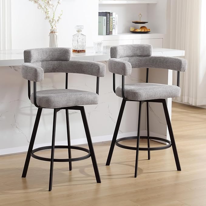 Flouki Swivel Bar Stools with Backs and Arms, Modern Bar Stools Set of 2 for Kitchen Island, 26" Upholstered Linen Counter Height Bar Stools for Kitchen Counter, Dining Room, Grey - Image 5