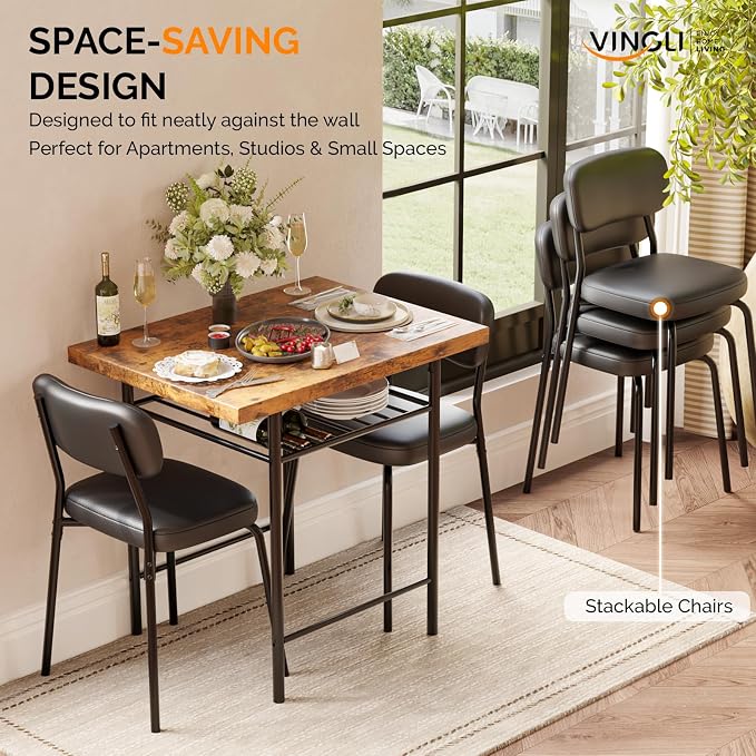 VINGLI Dining Table Set for 2, Small Kitchen Table Set with Upholstered Chairs, 3-Piece Dining Set with Storage Rack, Wood Dining Room Set with Metal Legs for Small Spaces, Living Room, Rustic Brown - Image 3