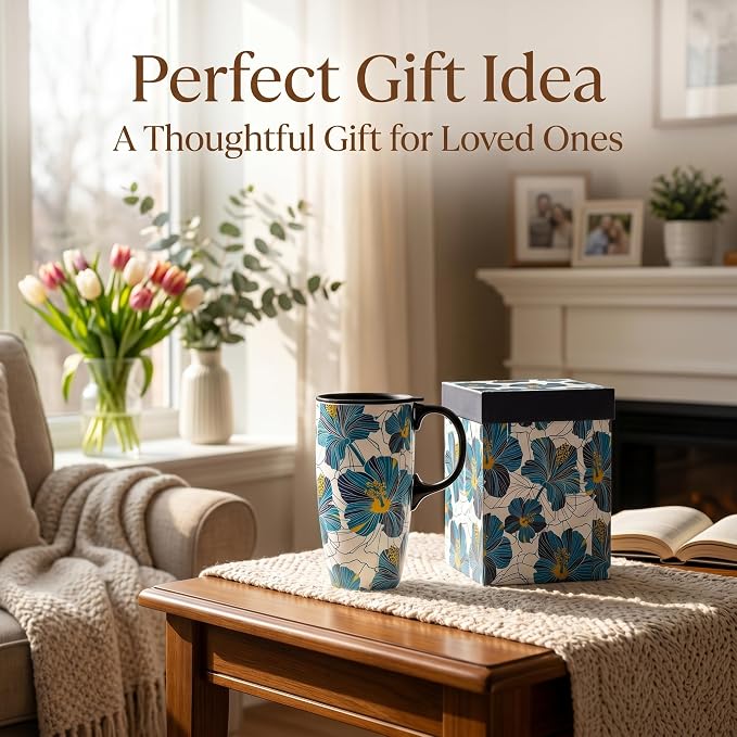Topadorn 17oz Ceramic Travel Mug with Lid, Hibiscus Coffee Mug | 17oz Ceramic Travel Mug • Hibiscus Floral Design • Coffee Mug with Lid • Microwave & Dishwasher Safe • Gift Box - Image 6