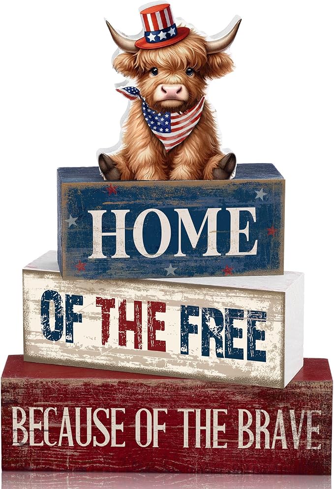 Moucuny 4 Pcs 4th of July Decorations Patriotic Highland Cow Wooden Block Sign Set America Table Decor Patriotic Tiered Tray Decor Red White Blue Memorial Day Centerpieces for 250th Anniversary Home by Moucuny
