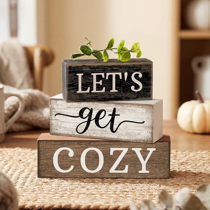 Moucuny 4 Pcs Farmhouse Table Decor Inspirational Wooden Signs Rustic Eucalyptus Leaves Wooden Block Sign Gift Let's Get Cozy Farmhouse Table Centerpiece for Living Room Housewarming Gift - Image 6