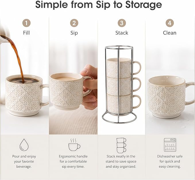 6 Oz Coffee Mugs with Stand, Stackable Coffee Cups Set of 4, Ceramic Espresso Cups, Embossed Cappuccino Cups for Latte, Cocoa, Mocha, Tea, Housewarming Wedding Present, Dishwasher Safe - Image 4