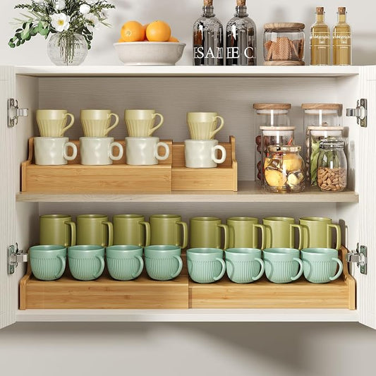 Hongtamoya 2-Tier Expandable Bamboo Mug Holder Coffee Mug Rack Organizer for Countertop, Multi-Functional Mug Display Shelf for Coffee Bar, Kitchen, and Home (15.35"~29.92") by Hongtamoya