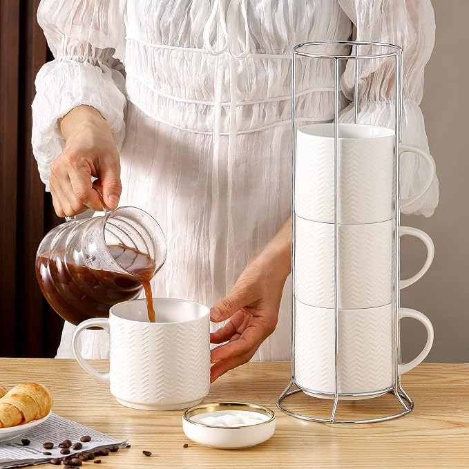 Hasense Coffee Mugs Set of 4 with Stand, 15 oz Porcelain Stackable Coffee Cups Set with handle for Tea, Latte, Milk and Cappuccino, White Embossed Tea Cups Set with Geometric Pattern for Men and Women - Image 7