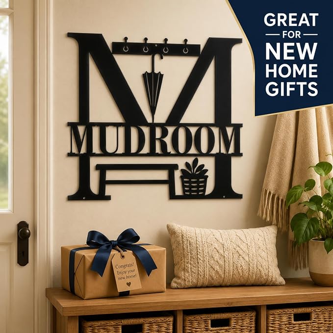 Mudroom Metal Wall Decor, Farmhouse Entryway Sign, 14 Inch | 14-inch matte black metal mudroom sign with pre-drilled holes for farmhouse entryway, hallway, or utility room decor. - Image 6