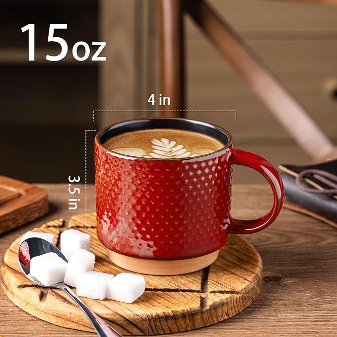 GBhome 15 OZ Stackable Coffee Mugs Set of 4, Ceramic Coffee Cups Set | 4 Assorted Designs, Embossed Mugs with Texture Patterns for Tea/Coffee, Dishwasher&Microwave Safe, Red - Image 4