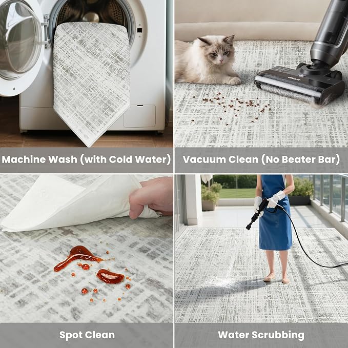 9x12 Washable Area Rug for Living Room Bedroom: Non-Slip Modern White Gray | Machine Washable TPR Backing, Stain-Resistant Low Pile, Pet & Kid Friendly, Abstract Decor for Dining Room, Dorm, Home Office - Image 6