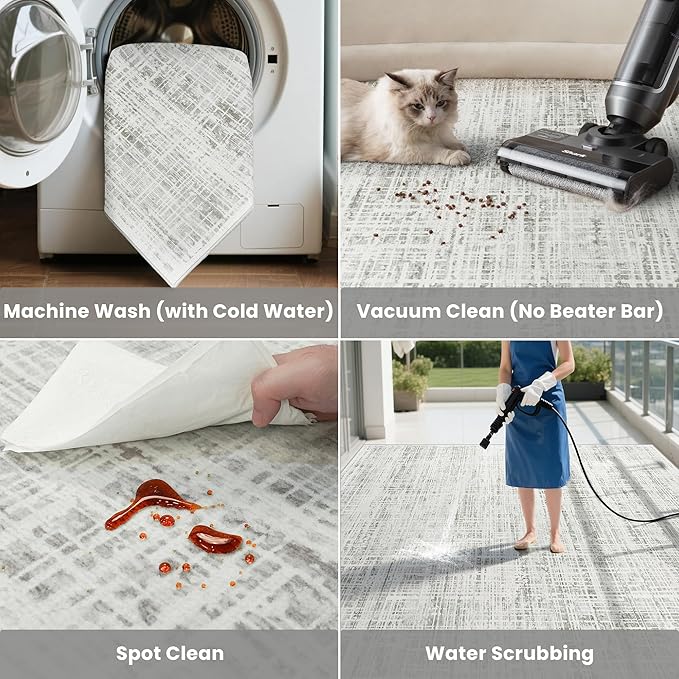 10x12 Washable Area Rug for Living Room Bedroom: Non-Slip Modern White Gray | Machine Washable TPR Backing, Stain-Resistant Low Pile, Pet & Kid Friendly, Abstract Decor for Dining Room, Dorm, Home Office - Image 5