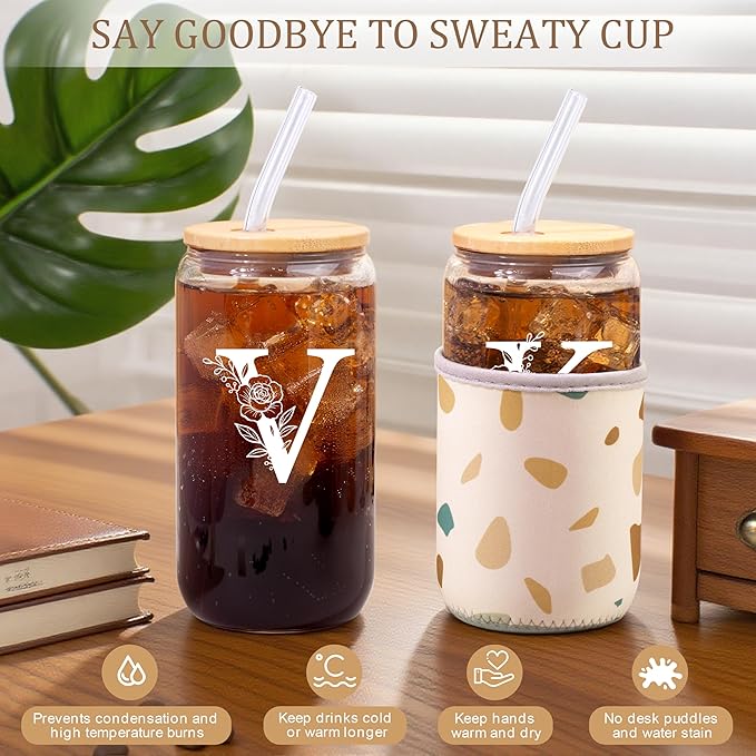 Personalized Gifts for Women, Monogrammed Gifts for Women, Initial 16 oz Glass Cups With Lids and Straws, Customized Mug, Personalized Birthday Gifts Christmas Gifts for Her Mom Friend Woman, V