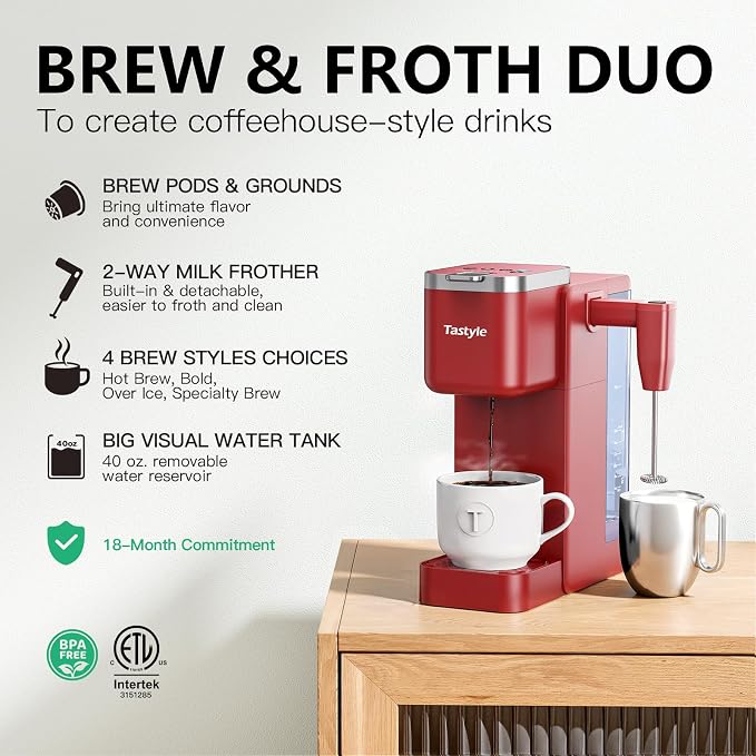 Tastyle Single Serve Coffee Maker with Built-in Detachable Milk Frother | For K Cups & Grounds, 40oz Removable Water Tank, 6 Brew Sizes, 2 Drip Trays, BPA Free, Fits 7.3" Travel Mug, K330MF, Red - Image 2