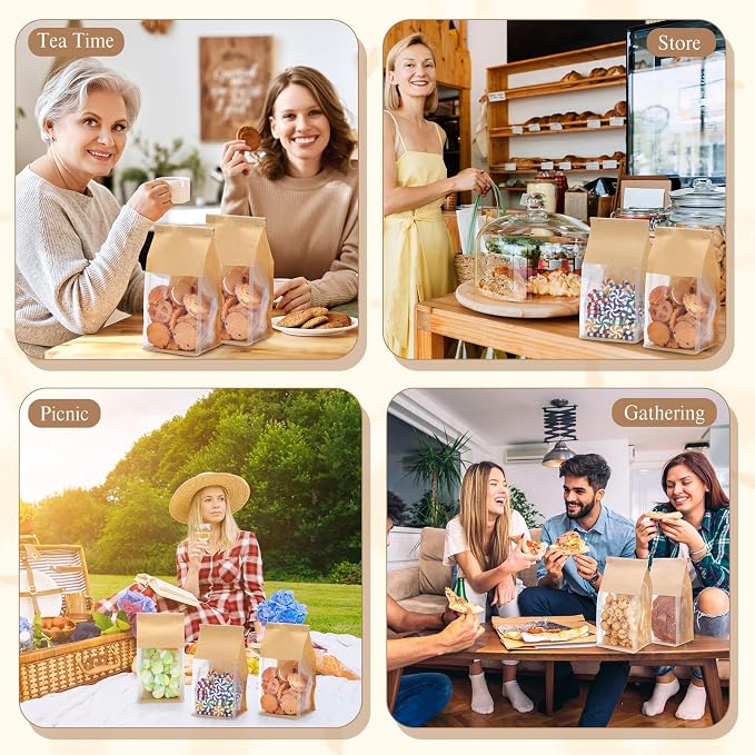 Fullhawl 250 Pcs Bakery Bags with Window, Kraft Paper Cookie Bags with Tin Tie for Sourdough, Pastry, Homemade Baked Goods, Storage Packaging (9.5 x 3.9 x 3.5 Inch) - Image 7