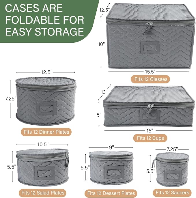 LotFancy China Storage Containers - Quilted 6-Piece Set Storage Box- Stores Chinaware, Stemware, Dinnerware, Dish Storage Service for 12, 48 Pcs Felt Protectors, Cardboard Dividers Included - Image 6