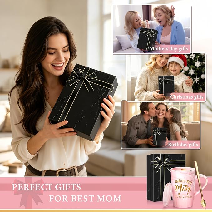 Mothers Day Birthday Gifts for Mom from Daughter Son Kids - 14Oz Funny Best Mom Mug with Gold Print, Unique Pink Marble Coffee Cup with Lid Spoon Greeting Card, Unique Moms Cup Gifts-Boxed Set - Image 8