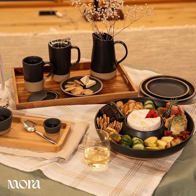 MORA Ceramic Chips and Dip Serving Tray: Large Divided Party Bowl Set for Chips & Salsa, Veggies & Dip, Fruit, Snacks, Entertaining, Hosting, etc. Minimalist Design for the Modern Hostess - Liquorice - Image 5