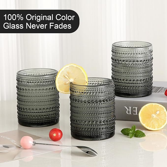 ZMOWIPDL Drinking Glasses Set of 6,12oz Grey Hobnail Glass Cups | Vintage Glassware，Embossed Water Tumbler,for Beer,Cocktail,Whiskey,Juice and Various Mixed Drinks- 1 Cleaning Brush - Image 3