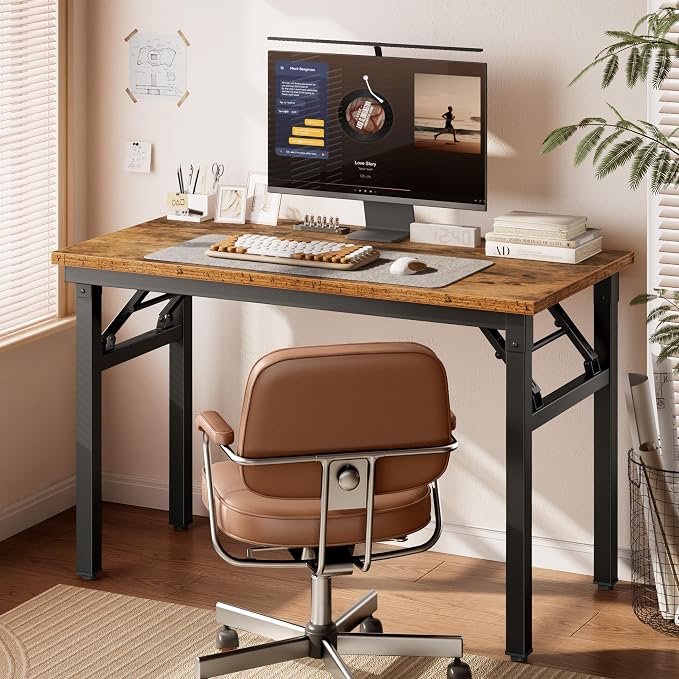 DlandHome 35.8 Inch Small Folding Computer Desk for Home Office, Retro | Foldable Writing Table for Small Spaces Bedroom, No Assembly Required, Wood Top Metal Frame, Collapsible Compact Easy Storage - Image 2