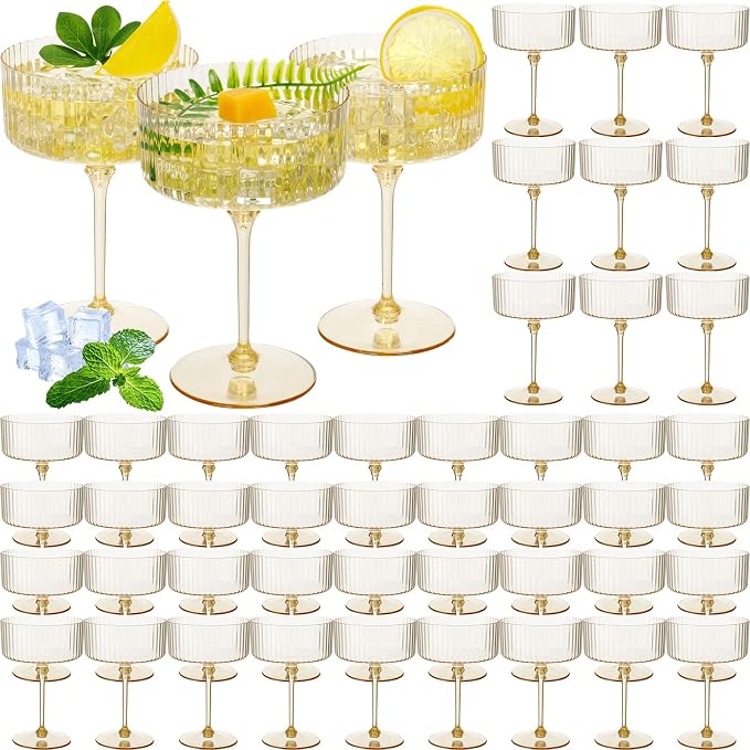 Jingmore 48 Pcs Ribbed Martini Glasses 10 oz Disposable Plastic Vintage Ribbed Coupe Glasses Unbreakable Dessert Parfait Glassware for Wedding Birthday Party Supplies (Gold) by Jingmore