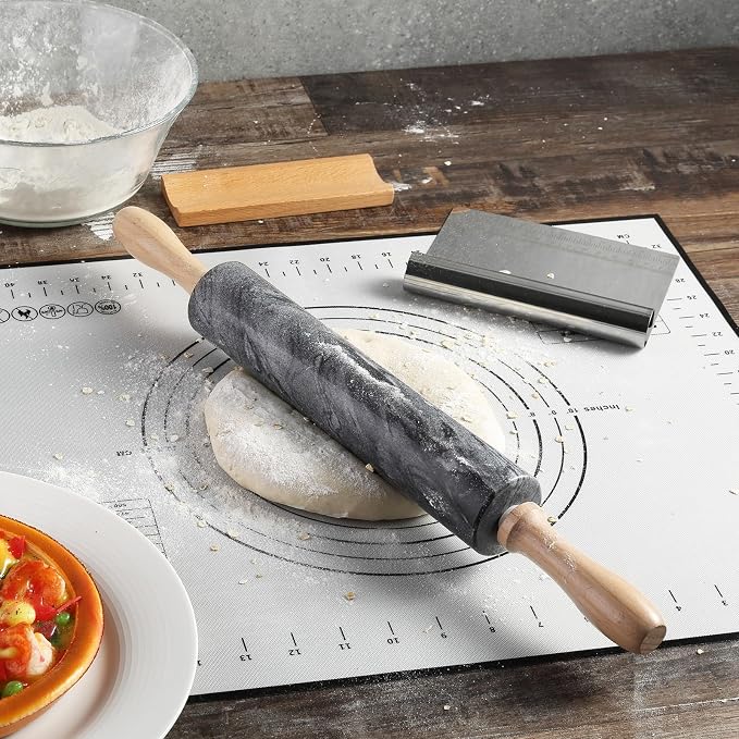 African Natural Marble Rolling Pin, Non-Stick Polished Dough Roller, Pasta, Dumpling, Fondant, Pie Crust, Bread, Pizza Dough, Kitchen Baking Pastry Tools with Mat/Scraper(Monte Grigio) - Image 7