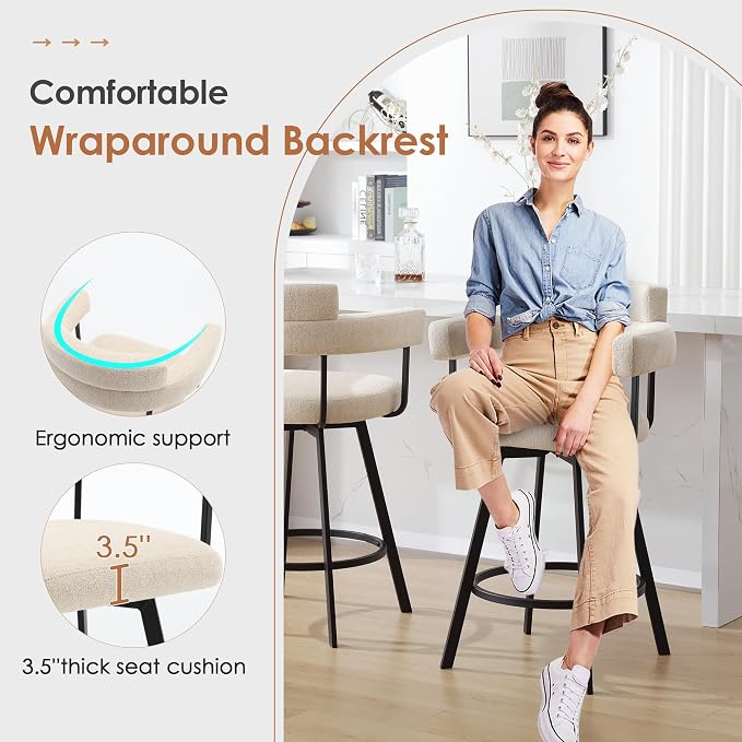 Flouki Swivel Bar Stools with Backs and Arms, Modern Bar Stools Set of 4 for Kitchen Island, 26" Upholstered Linen Counter Height Bar Stools for Kitchen Counter, Dining Room, Beige - Image 3