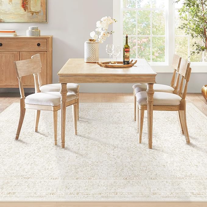 6x9 Area Rugs for Living Room: Washable Vintage Floral Rug Low Pile Non-Slip Boho Carpet for Bedroom Nursery Dining Room (Floral Beige, 6'x9') - Image 6