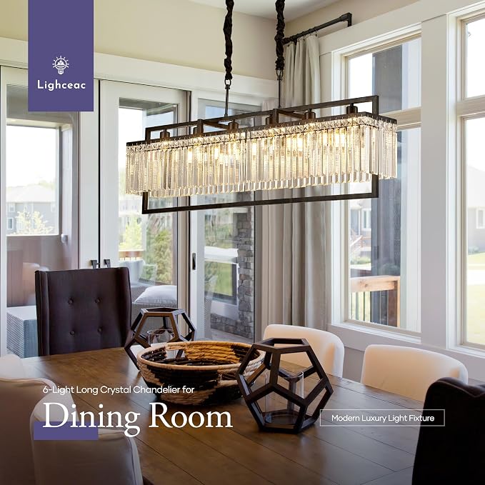 43.7" Modern Black Crystal Chandeliers for Dining Room, Luxury Rectangle 6-Light Kitchen Island Lighting, Linear Hanging Ceiling Pendant Light Fixture for Pool Table Entryway Foyer Hallway - Image 3